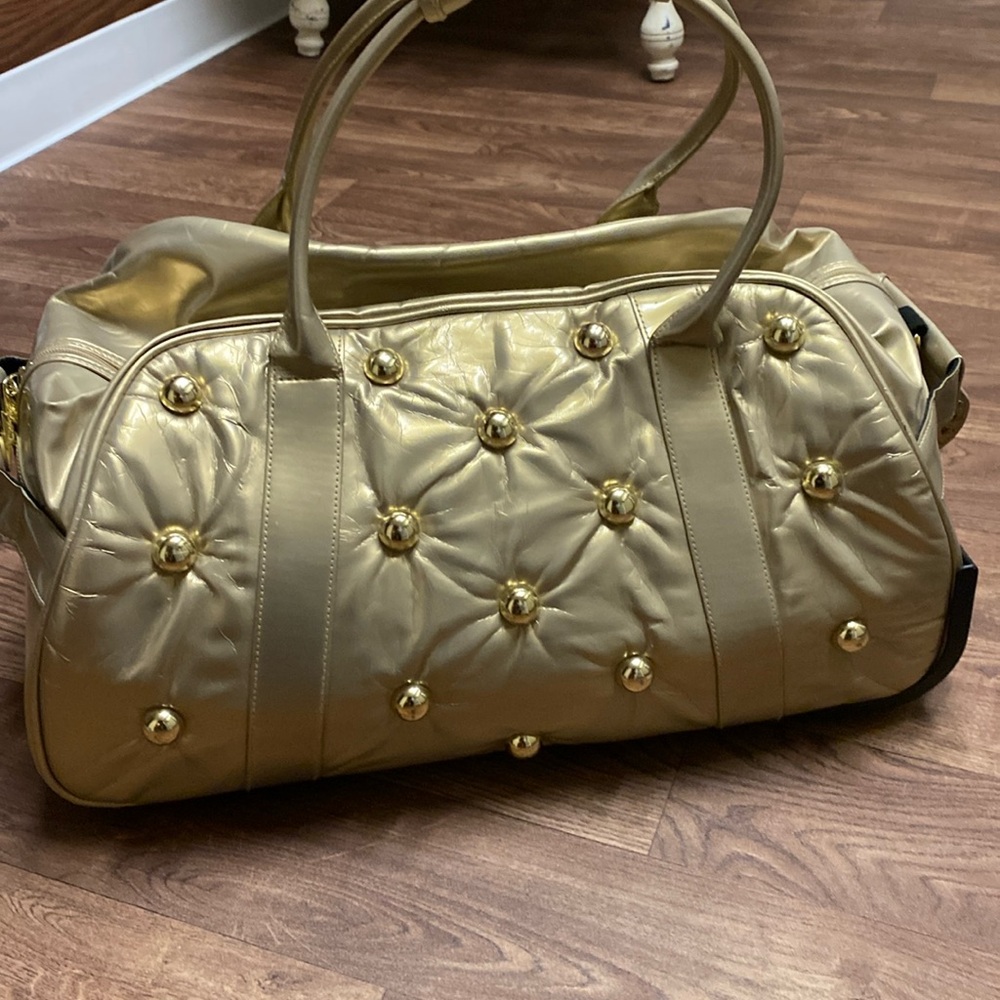 unique luggage Betsy Johnson, Gold, tone and gold studs with shoulder strap.